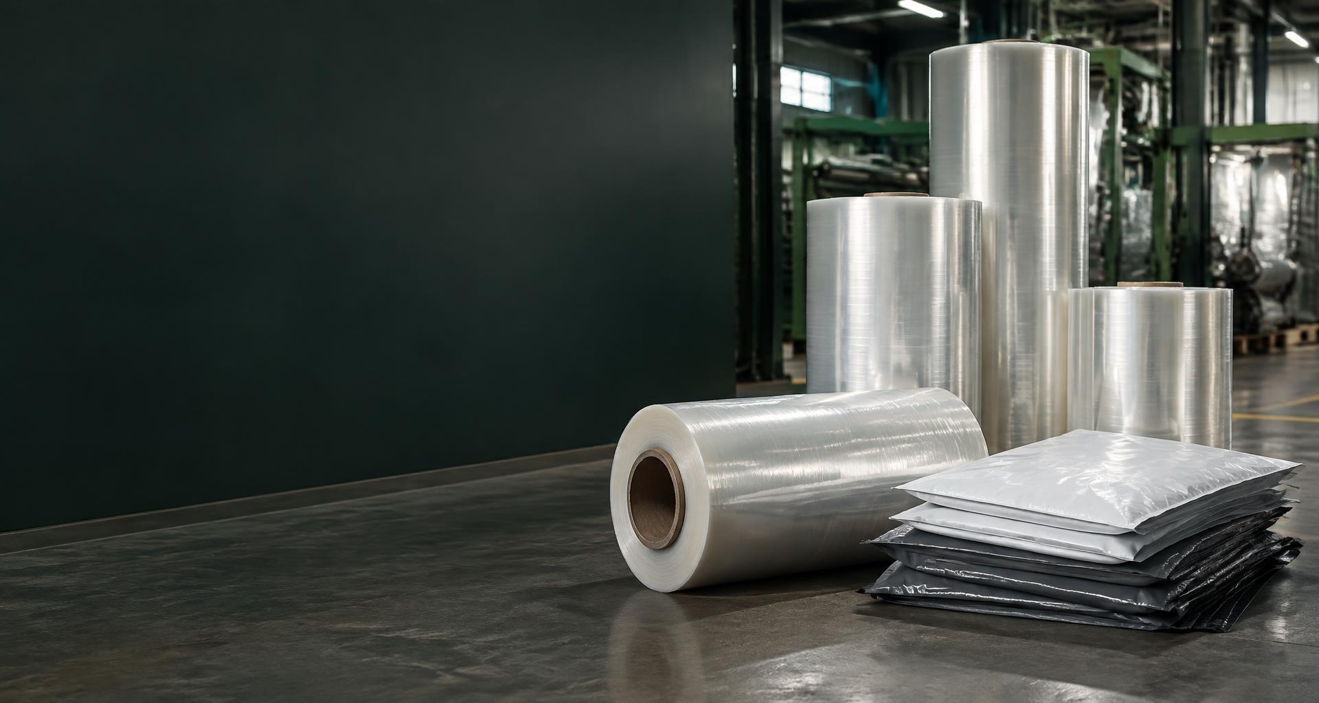 Packaging film rolls and courier bags in an illustrative industrial setting